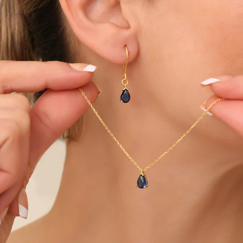 Dark Blue Sapphire Gold Pear Earrings Necklace