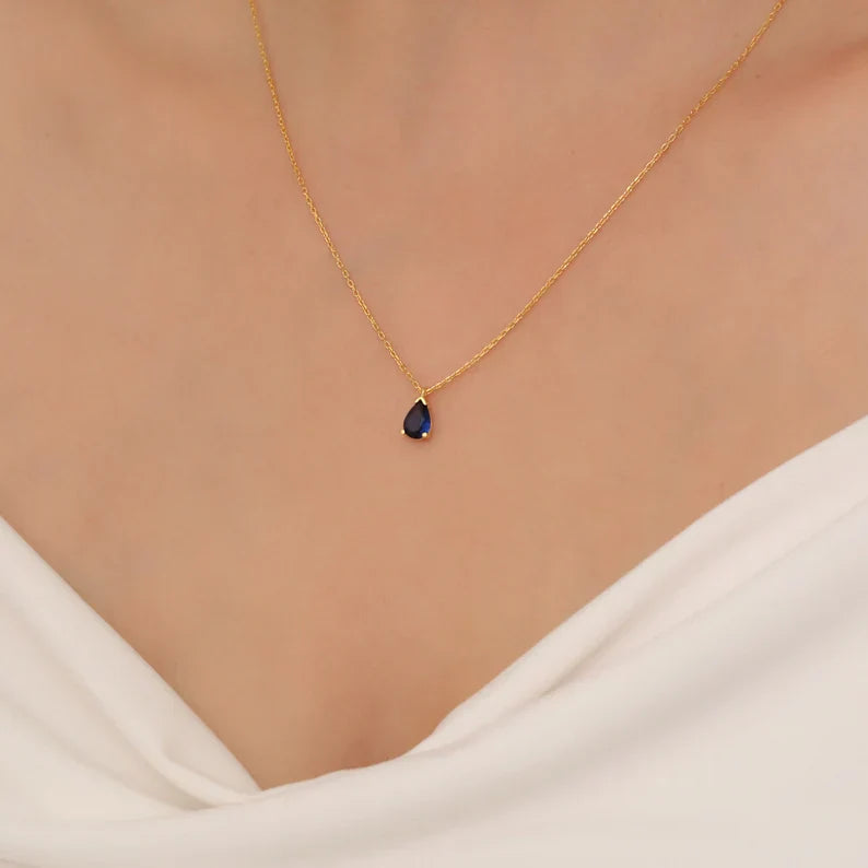 Dark Blue Sapphire Gold Pear Earrings Necklace
