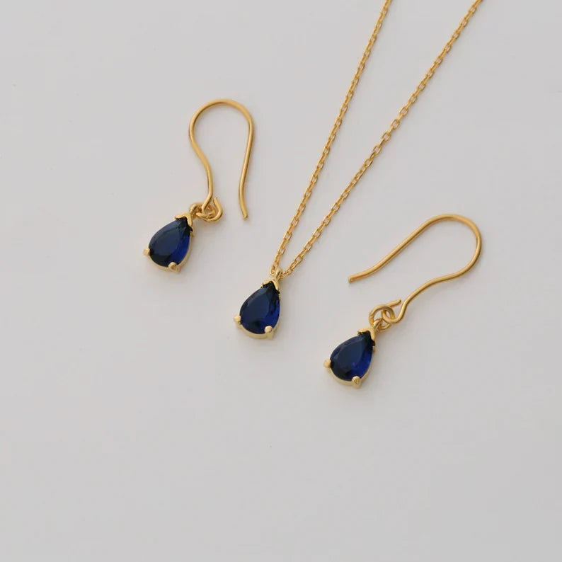 Dark Blue Sapphire Gold Pear Earrings Necklace