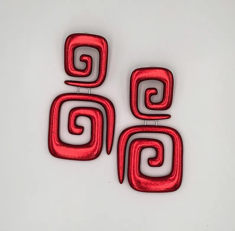 Long Red Spiral Dangle Earrings
