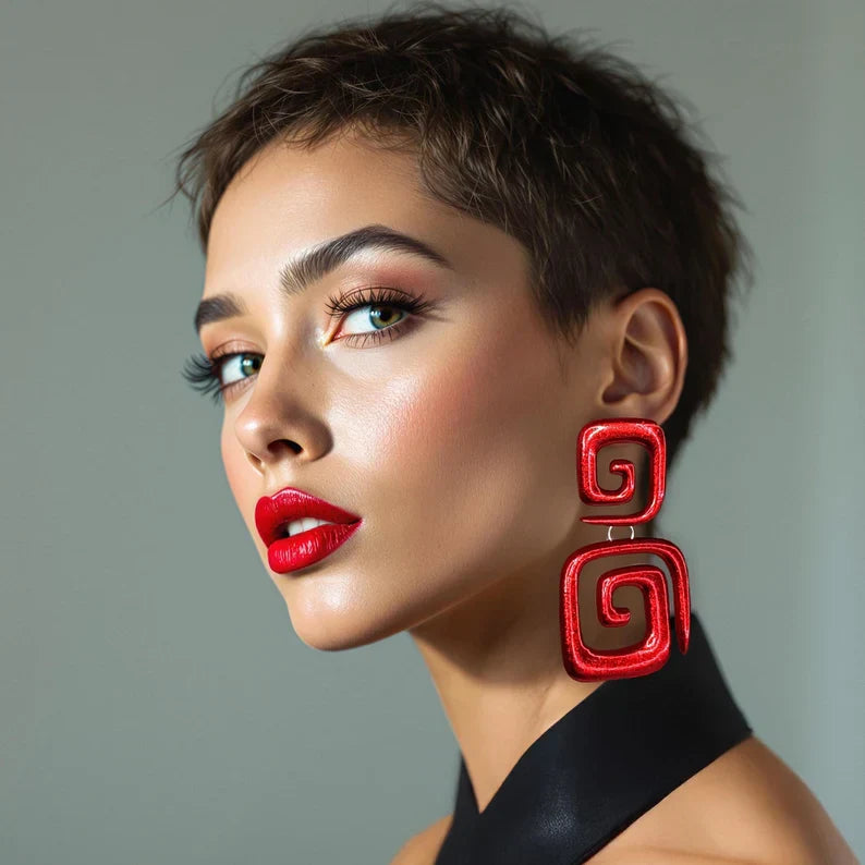 Long Red Spiral Dangle Earrings