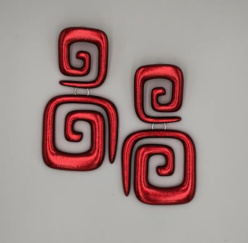 Long Red Spiral Dangle Earrings